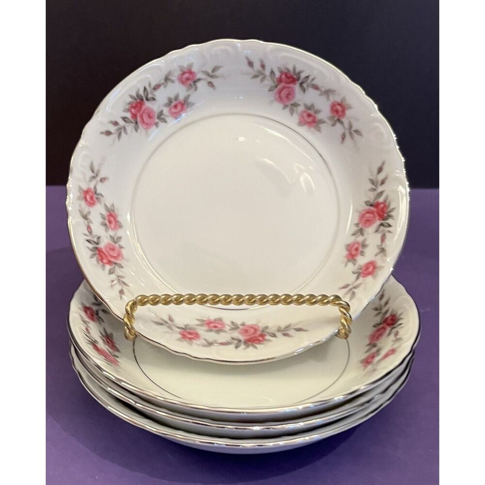 (4) Vintage Roslyn Kyoto Japan Fruit Bowls Pink Roses Gray Leaves Platinum Trim